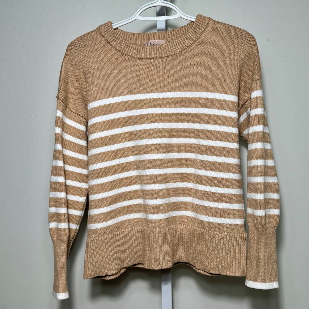 Philosophy Striped Sweater Tan White Size Med Drop Shoulder Cozy Neutral Classic